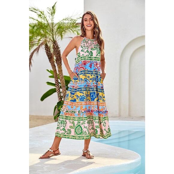 GRACE KARIN Folk Prints Midi Sun Dress M Boho Swing Floral Hawaiian Tiered Maxi - Picture 1 of 7